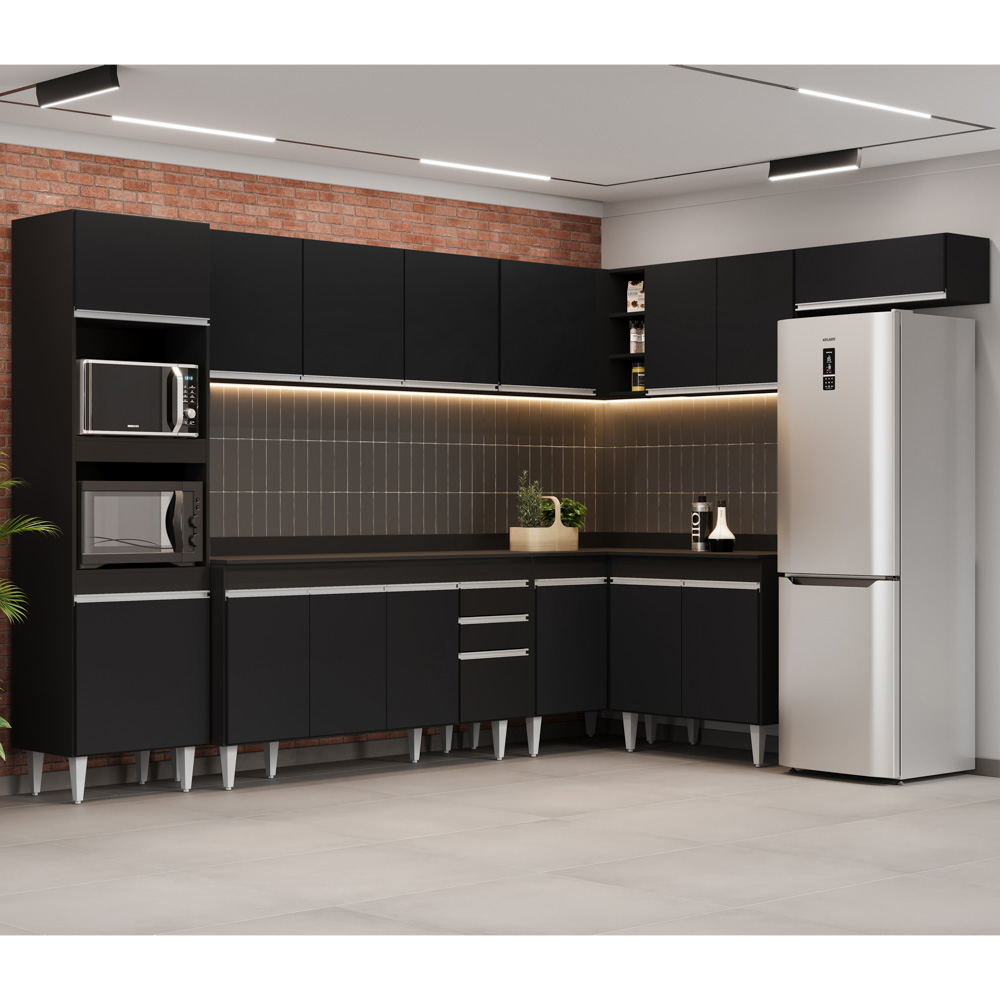 Armário de Cozinha Modulada de Canto 8 Peças CP08 Balcão com Tampo Preto - Lumil
