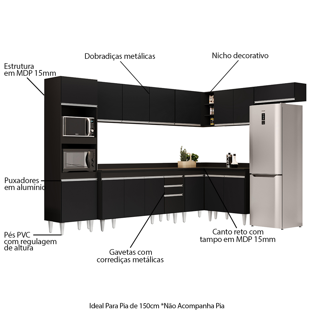 Armário de Cozinha Modulada de Canto 8 Peças CP08 Balcão com Tampo Preto - Lumil
