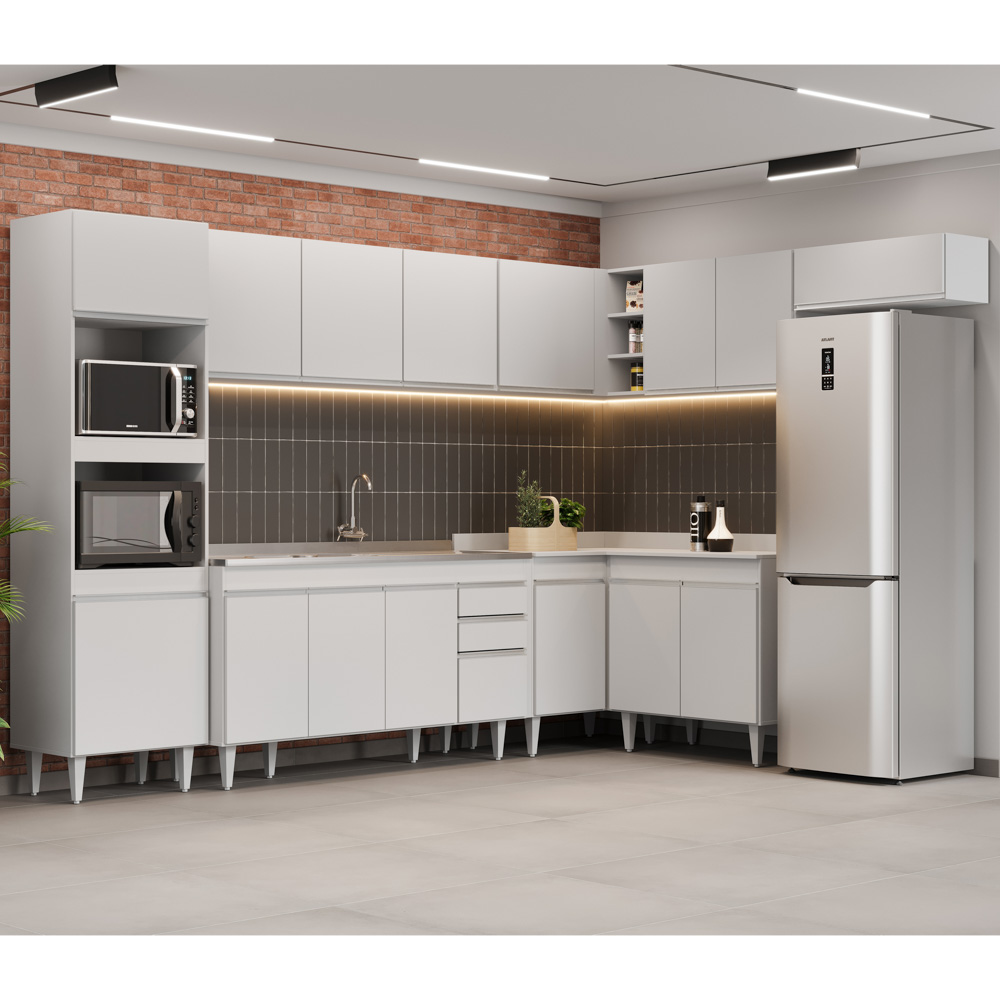 Armário de Cozinha Modulada de Canto 8 Peças CP09 Balcão com Pia Inox Branco - Lumil