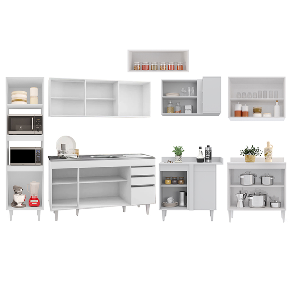 Armário de Cozinha Modulada de Canto 8 Peças CP09 Balcão com Pia Inox Branco - Lumil