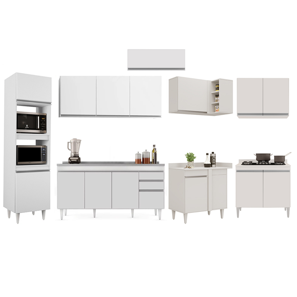 Armário de Cozinha Modulada de Canto 8 Peças CP09 Balcão com Pia Inox Branco - Lumil