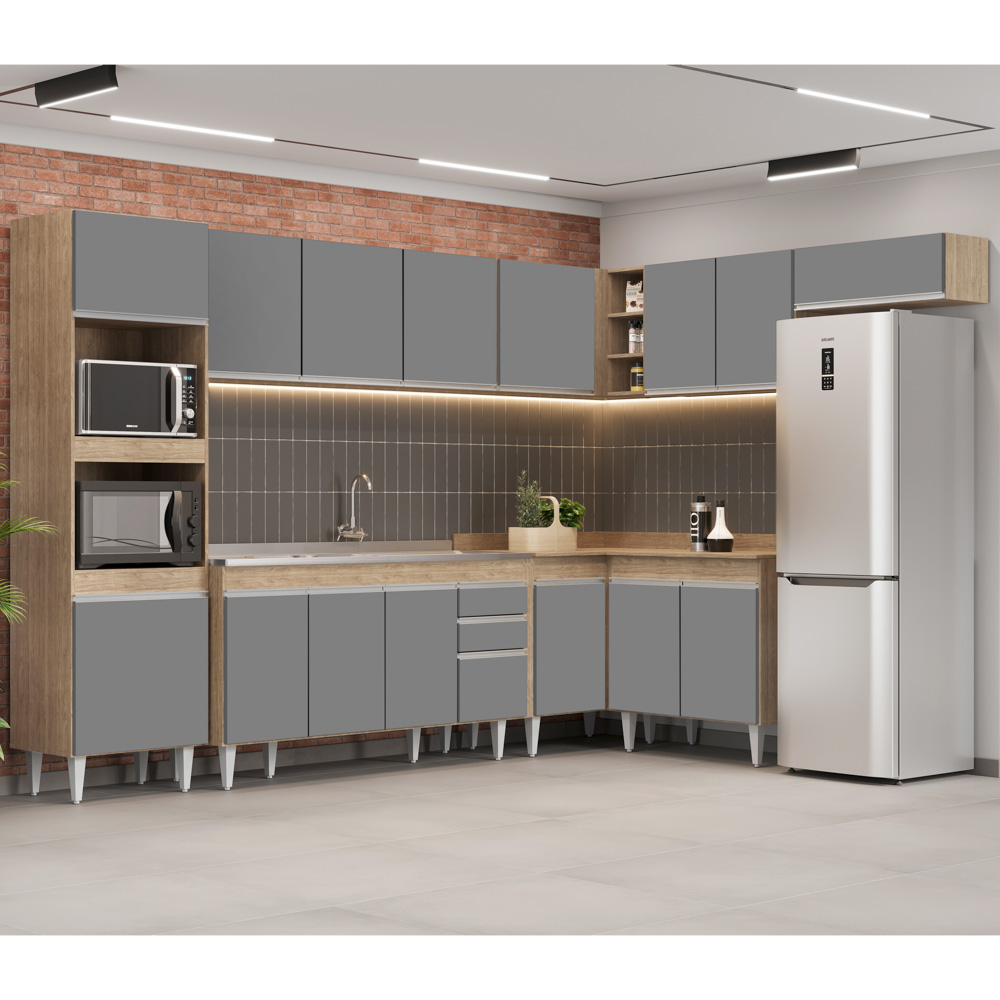 Armário de Cozinha Modulada de Canto 8 Peças CP09 Balcão com Pia Inox Castanho/Cinza - Lumil
