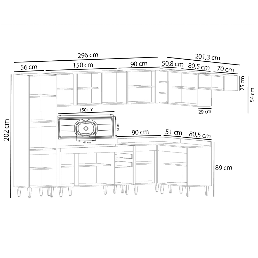 Armário de Cozinha Modulada de Canto 8 Peças CP09 Balcão com Pia Inox Castanho/Cinza - Lumil