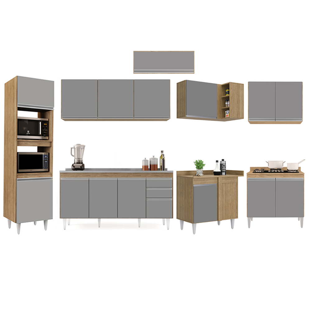 Armário de Cozinha Modulada de Canto 8 Peças CP09 Balcão com Pia Inox Castanho/Cinza - Lumil