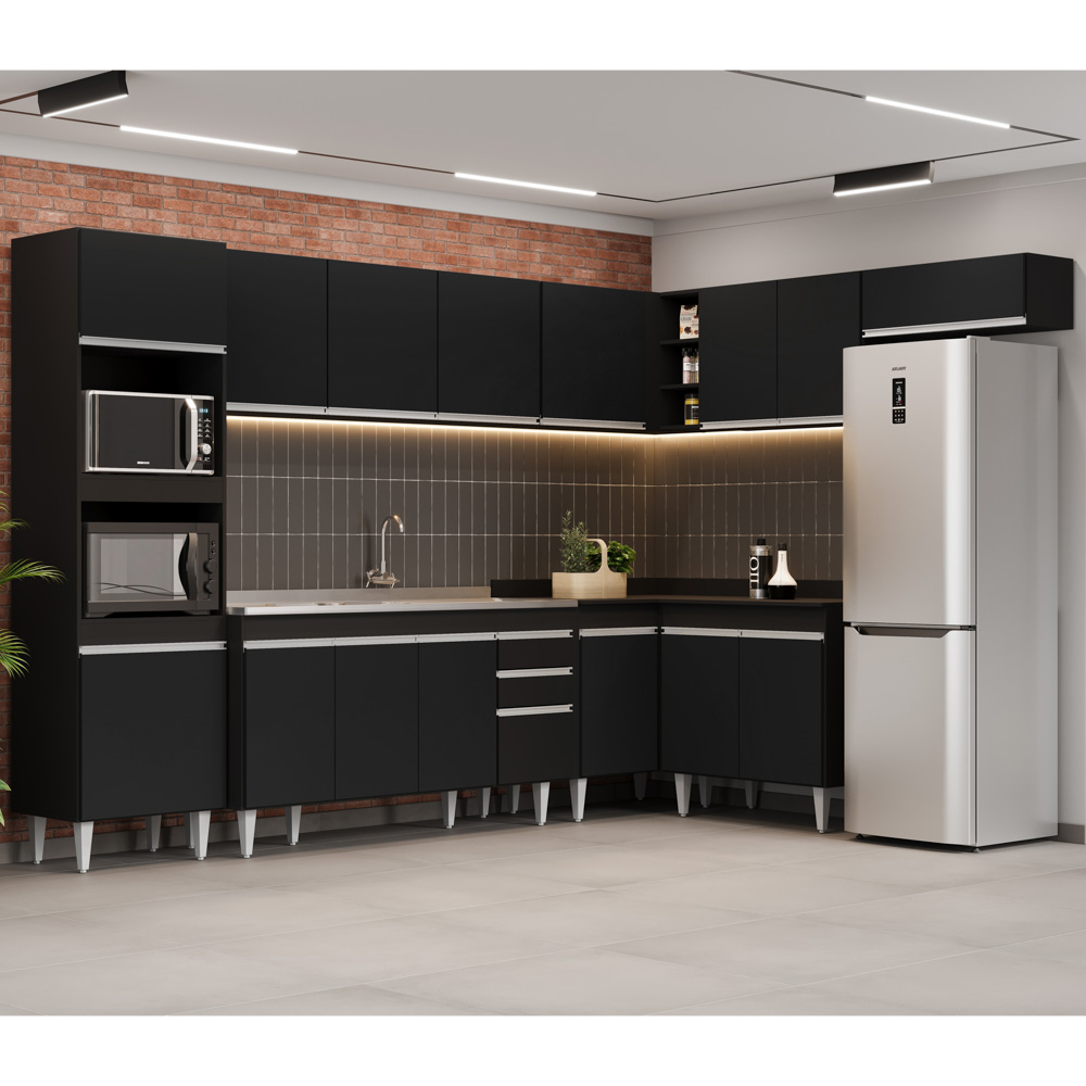 Armário de Cozinha Modulada de Canto 8 Peças CP09 Balcão com Pia Inox Preto - Lumil