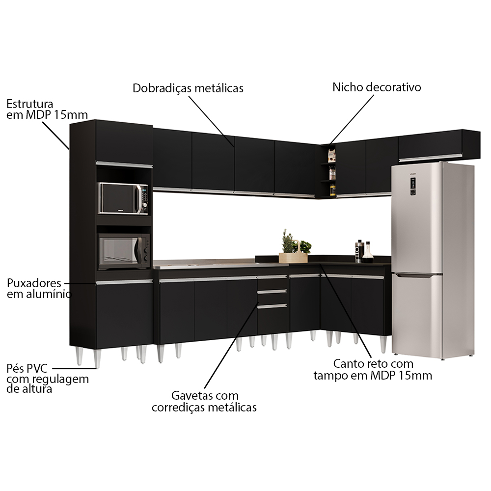 Armário de Cozinha Modulada de Canto 8 Peças CP09 Balcão com Pia Inox Preto - Lumil
