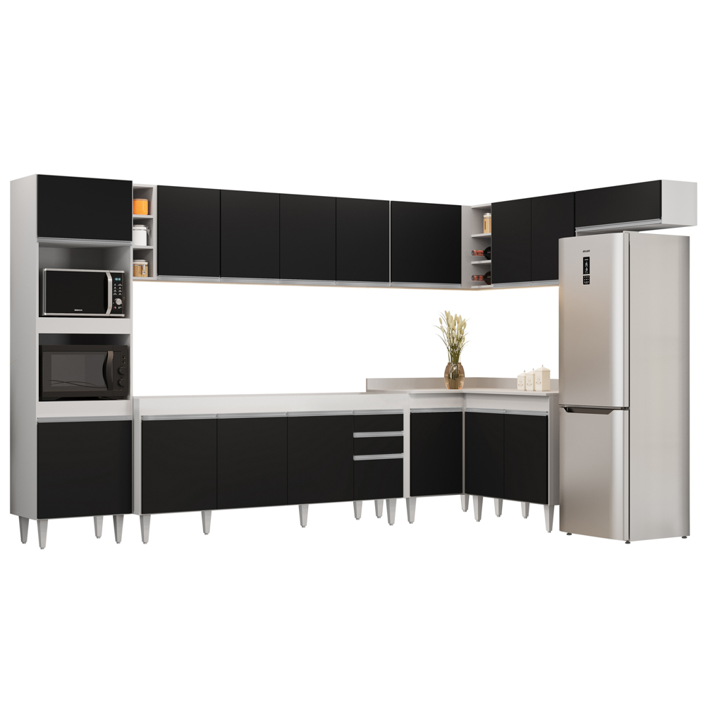 Armário de Cozinha Modulada de Canto 9 Peças CP04 Balcão Branco/Preto - Lumil