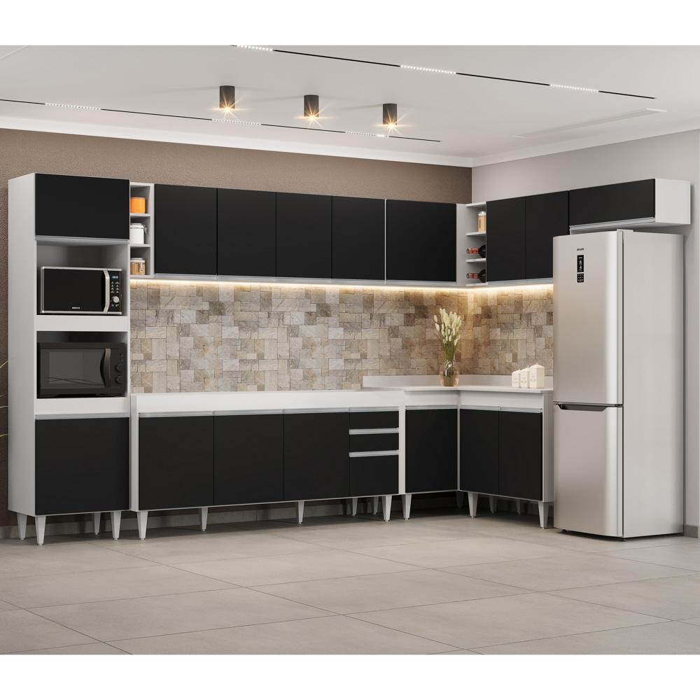 Armário de Cozinha Modulada de Canto 9 Peças CP04 Balcão Branco/Preto - Lumil