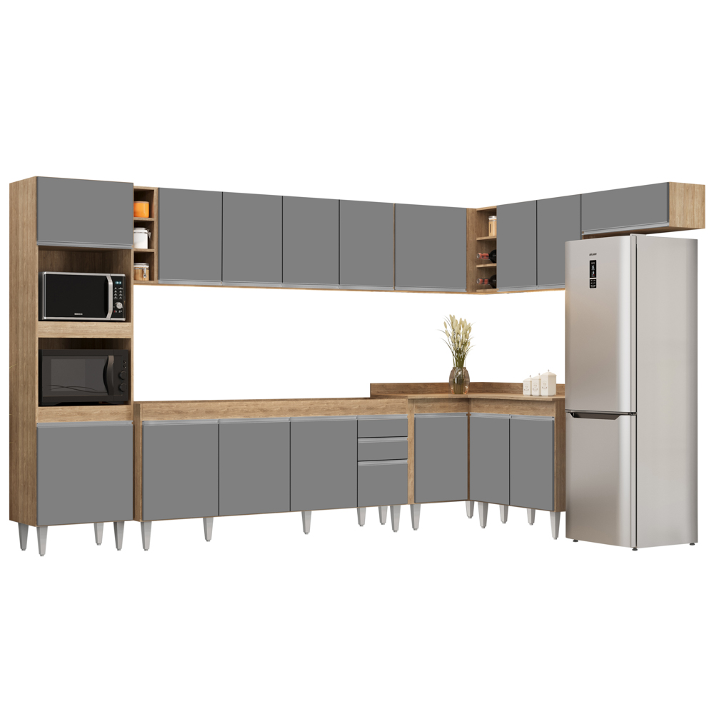 Armário de Cozinha Modulada de Canto 9 Peças CP04 Balcão Castanho/Cinza - Lumil