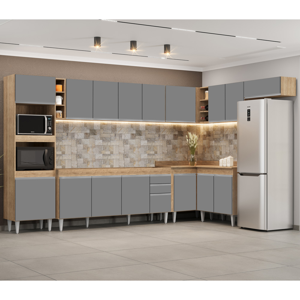 Armário de Cozinha Modulada de Canto 9 Peças CP04 Balcão Castanho/Cinza - Lumil