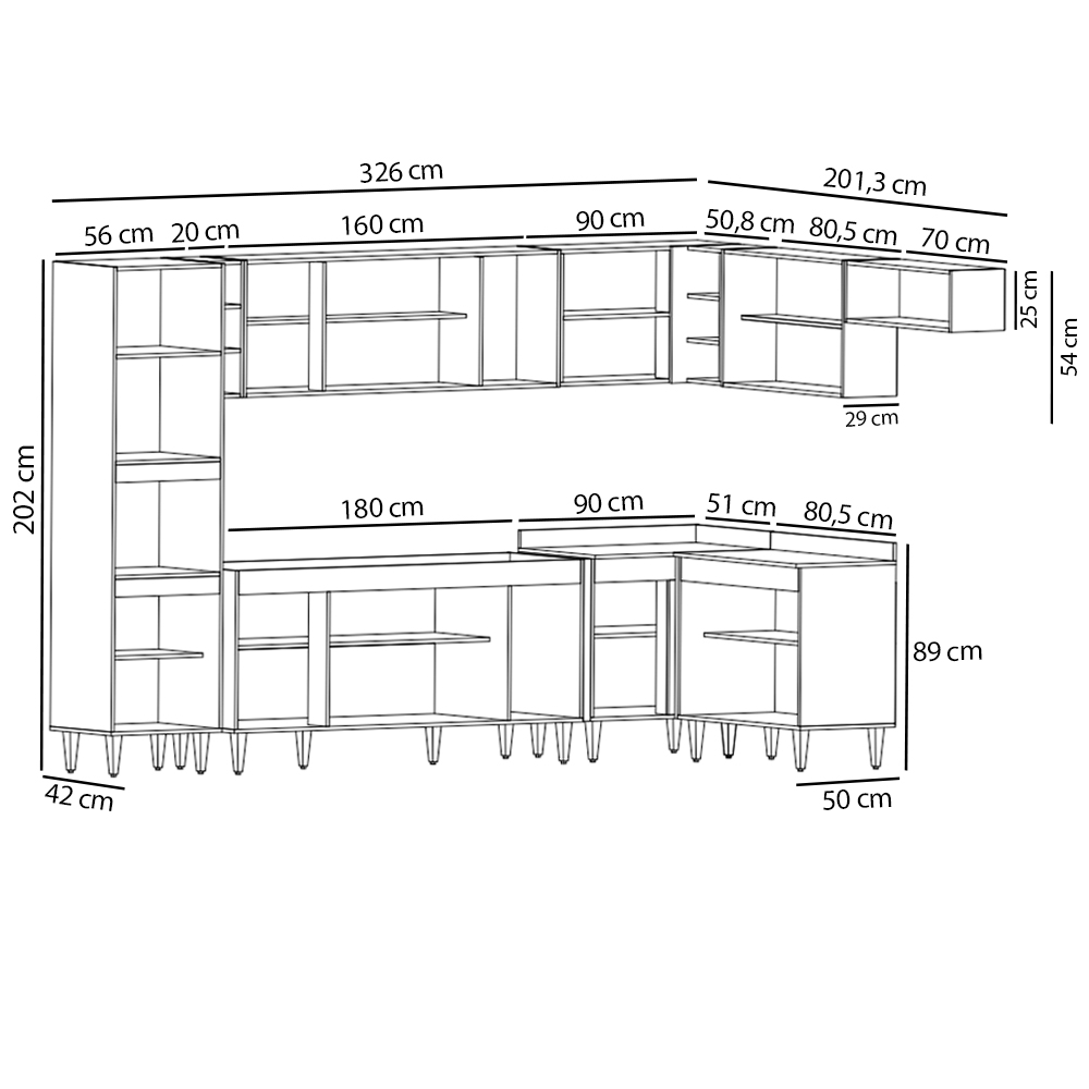 Armário de Cozinha Modulada de Canto 9 Peças CP04 Balcão Preto - Lumil