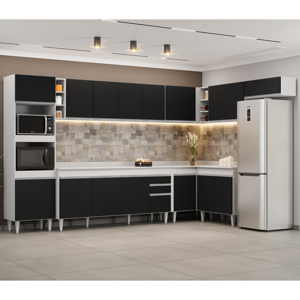 Armário de Cozinha Modulada de Canto 9 Peças CP05 Balcão com Tampo Branco/Preto - Lumil