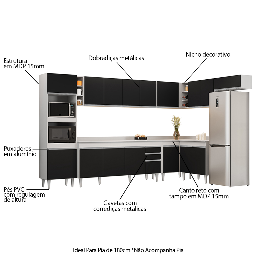 Armário de Cozinha Modulada de Canto 9 Peças CP05 Balcão com Tampo Branco/Preto - Lumil