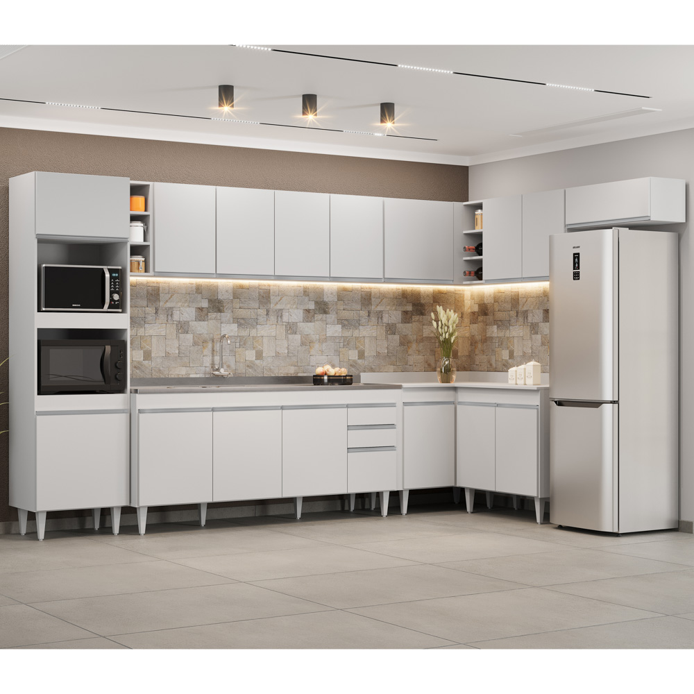 Armário de Cozinha Modulada de Canto 9 Peças CP06 Balcão com Pia Inox Branco - Lumil