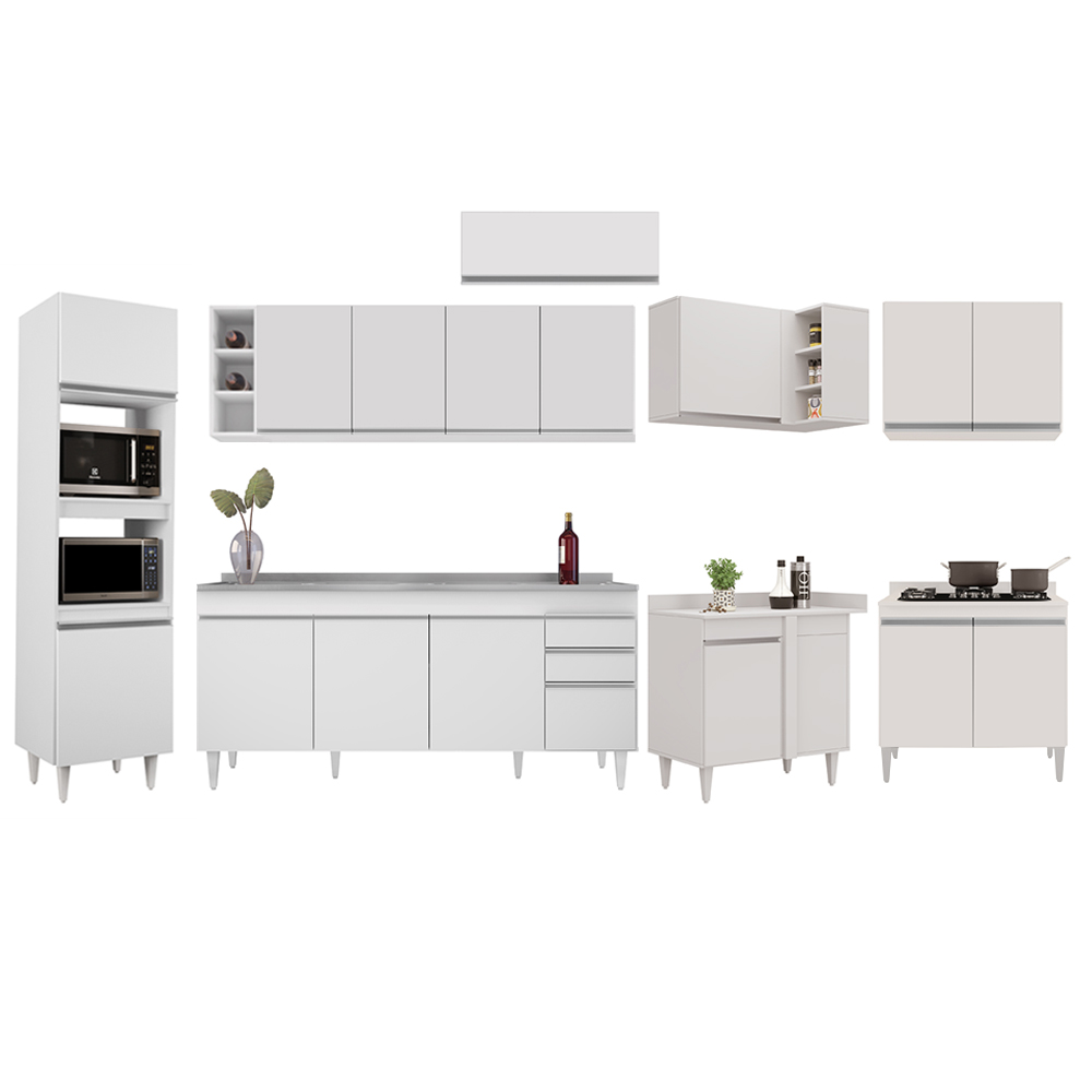 Armário de Cozinha Modulada de Canto 9 Peças CP06 Balcão com Pia Inox Branco - Lumil