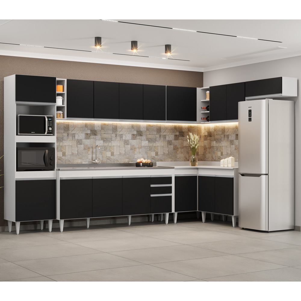 Armário de Cozinha Modulada de Canto 9 Peças CP06 Balcão com Pia Inox Branco/Preto - Lumil