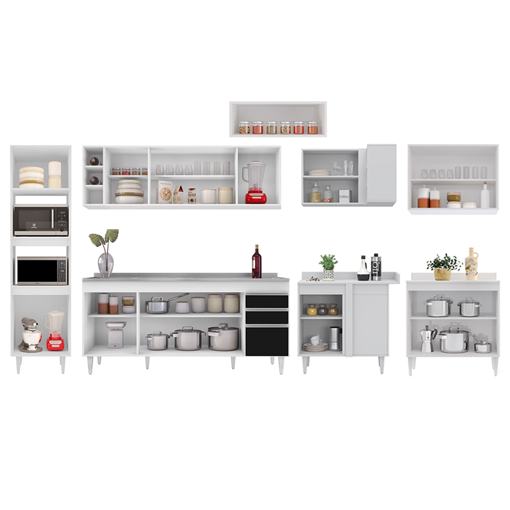 Armário de Cozinha Modulada de Canto 9 Peças CP06 Balcão com Pia Inox Branco/Preto - Lumil