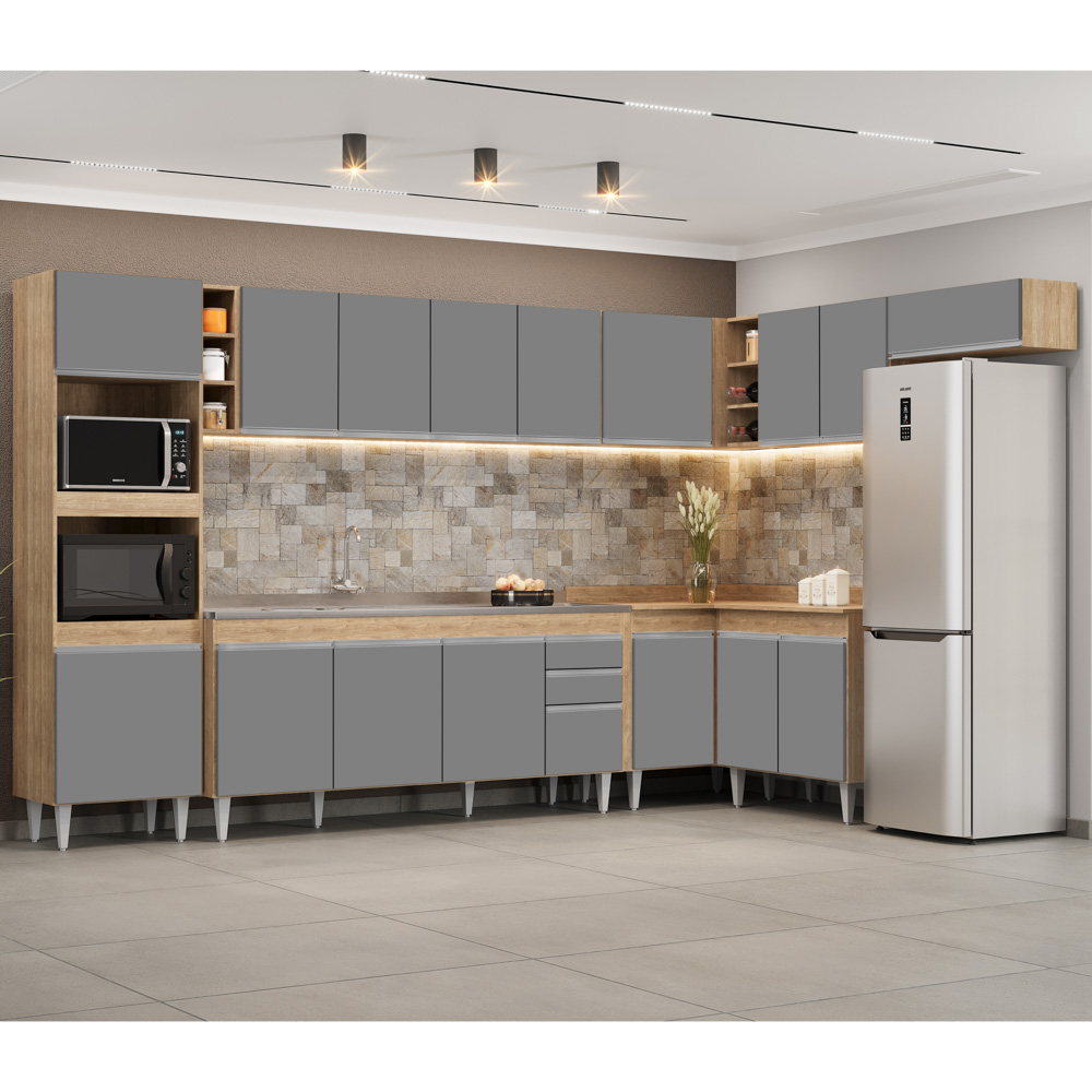 Armário de Cozinha Modulada de Canto 9 Peças CP06 Balcão com Pia Inox Castanho/Cinza - Lumil