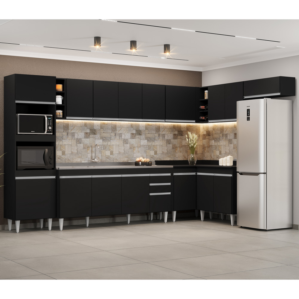 Armário de Cozinha Modulada de Canto 9 Peças CP06 Balcão com Pia Inox Preto - Lumil