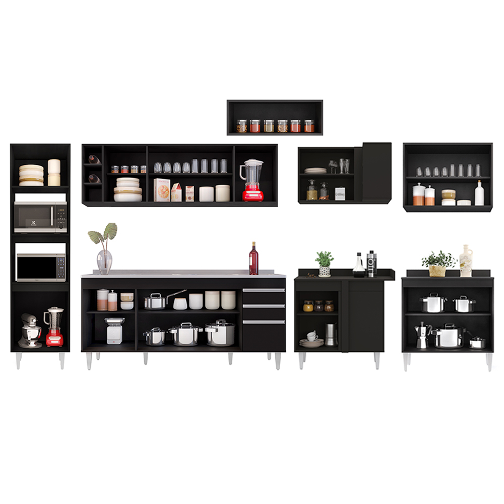 Armário de Cozinha Modulada de Canto 9 Peças CP06 Balcão com Pia Inox Preto - Lumil