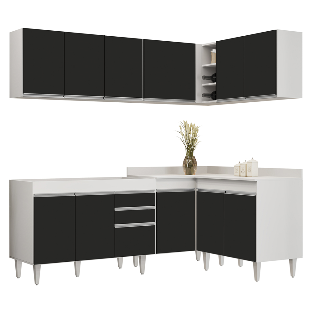 Armário de Cozinha Modulado de Canto 6 Peças CP28 Balcão sem Tampo Branco/Preto - Lumil