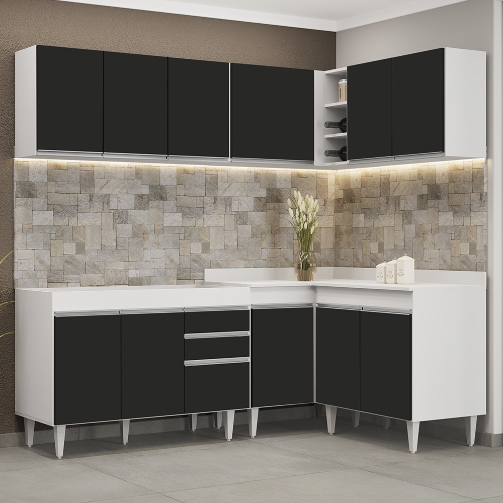 Armário de Cozinha Modulado de Canto 6 Peças CP28 Balcão sem Tampo Branco/Preto - Lumil