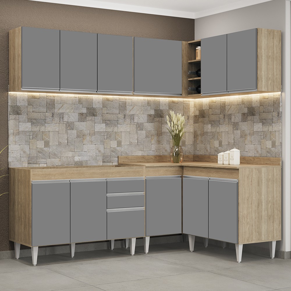 Armário de Cozinha Modulado de Canto 6 Peças CP28 Balcão sem Tampo Castanho/Cinza - Lumil