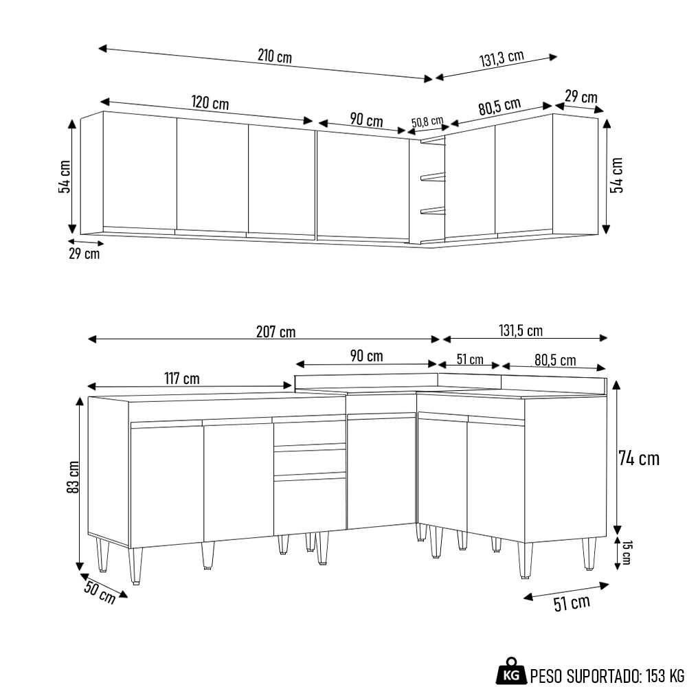 Armário de Cozinha Modulado de Canto 6 Peças CP28 Balcão sem Tampo Preto - Lumil