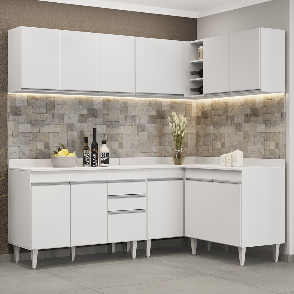 Armário de Cozinha Modulado de Canto 6 Peças CP29 Balcão com Tampo Branco - Lumil