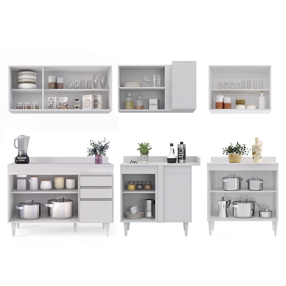 Armário de Cozinha Modulado de Canto 6 Peças CP29 Balcão com Tampo Branco - Lumil