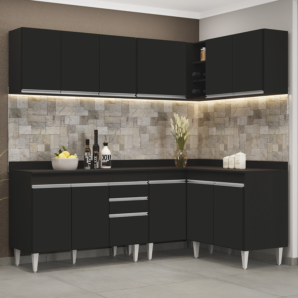 Armário de Cozinha Modulado de Canto 6 Peças CP29 Balcão com Tampo Preto - Lumil