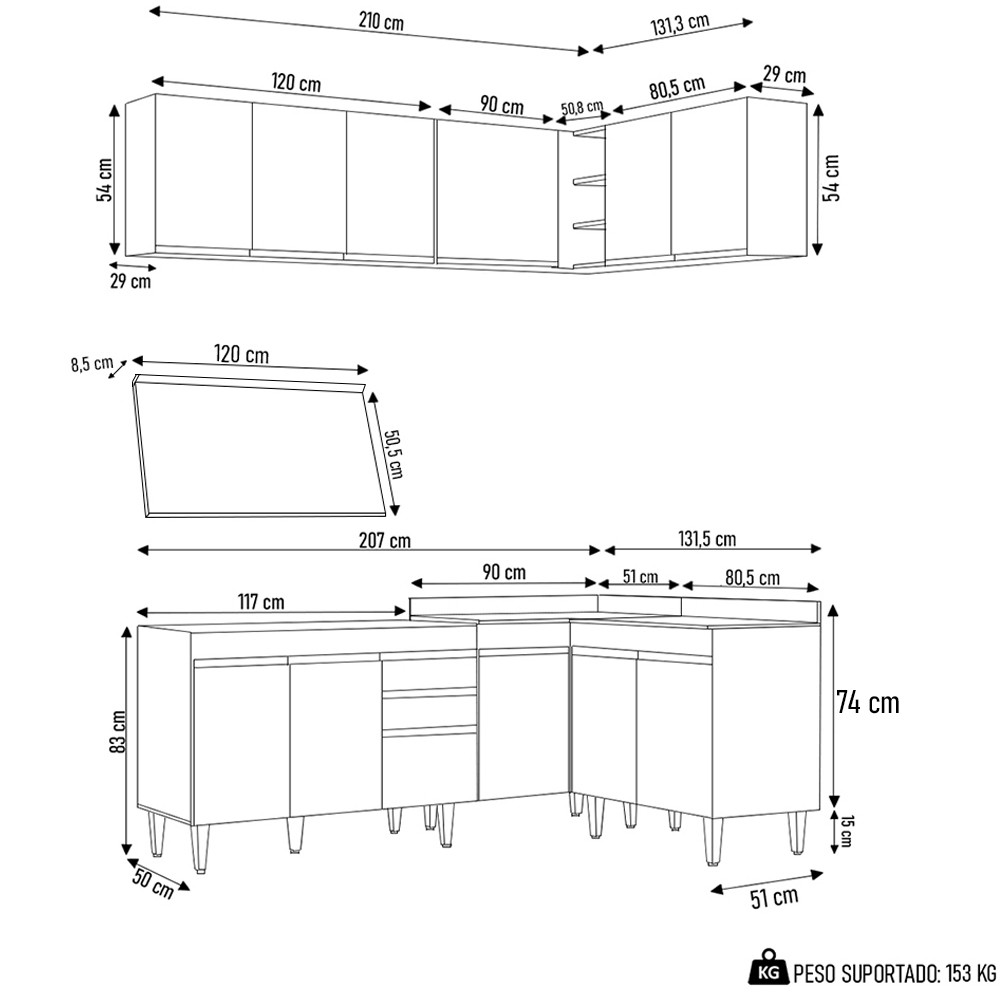 Armário de Cozinha Modulado de Canto 6 Peças CP29 Balcão com Tampo Preto - Lumil