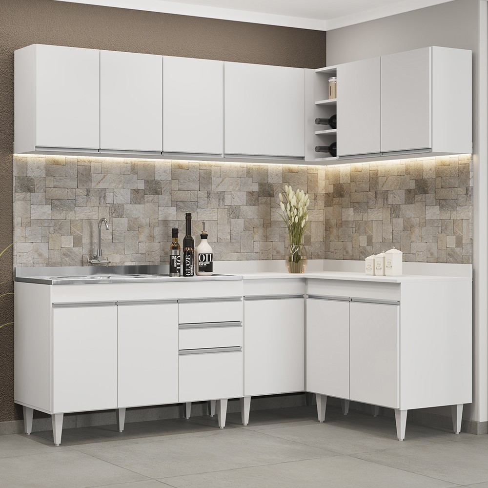 Armário de Cozinha Modulado de Canto 6 Peças CP30 com Pia Inox Branco - Lumil