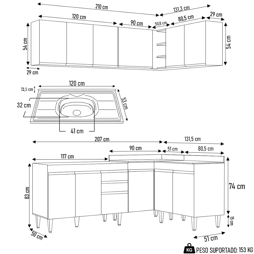 Armário de Cozinha Modulado de Canto 6 Peças CP30 com Pia Inox Preto - Lumil