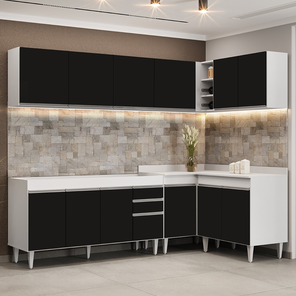 Armário de Cozinha Modulado de Canto 6 Peças CP31 Balcão sem Tampo Branco/Preto - Lumil