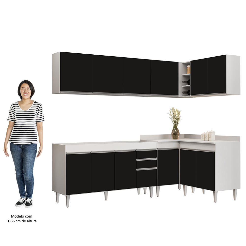 Armário de Cozinha Modulado de Canto 6 Peças CP31 Balcão sem Tampo Branco/Preto - Lumil