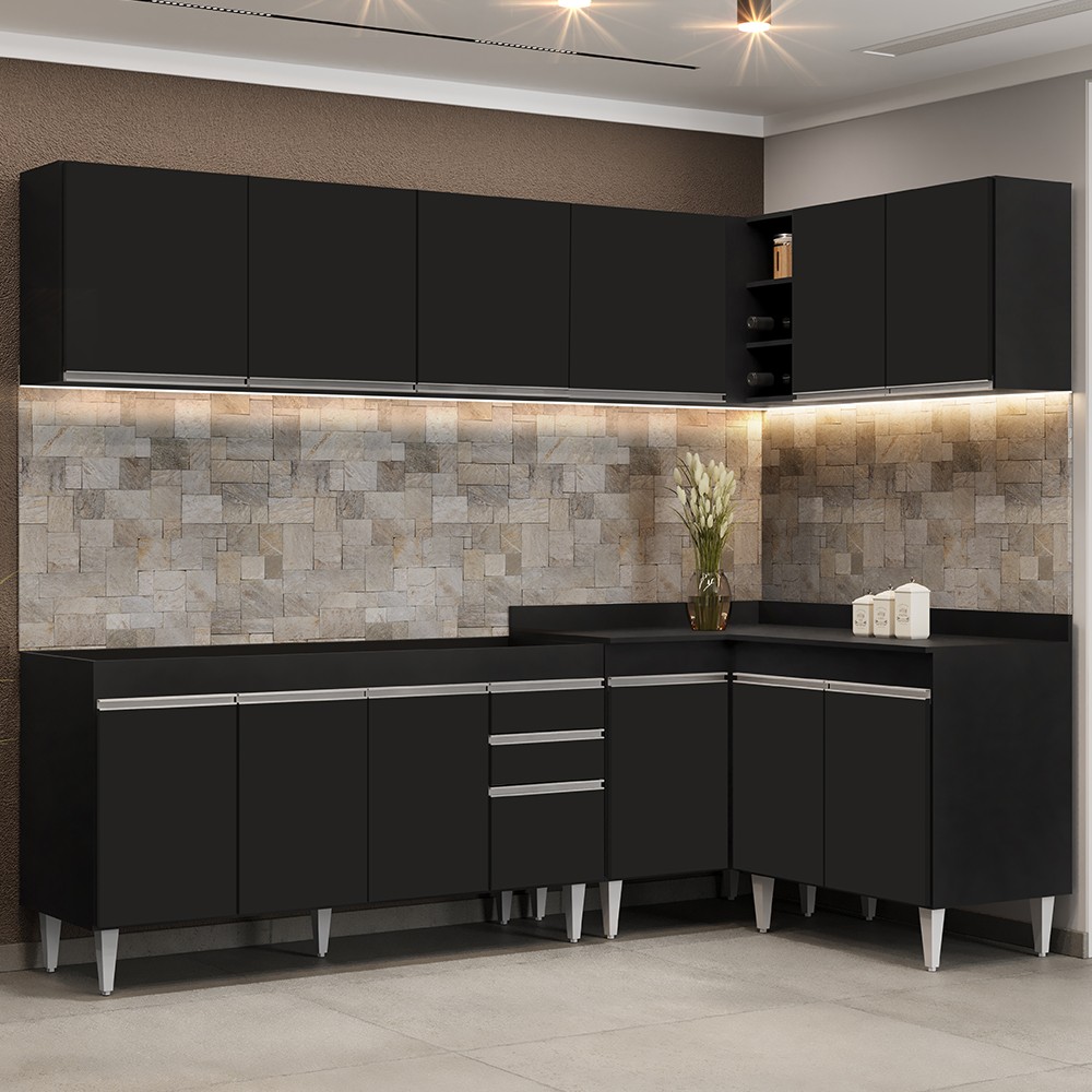Armário de Cozinha Modulado de Canto 6 Peças CP31 Balcão sem Tampo Preto - Lumil