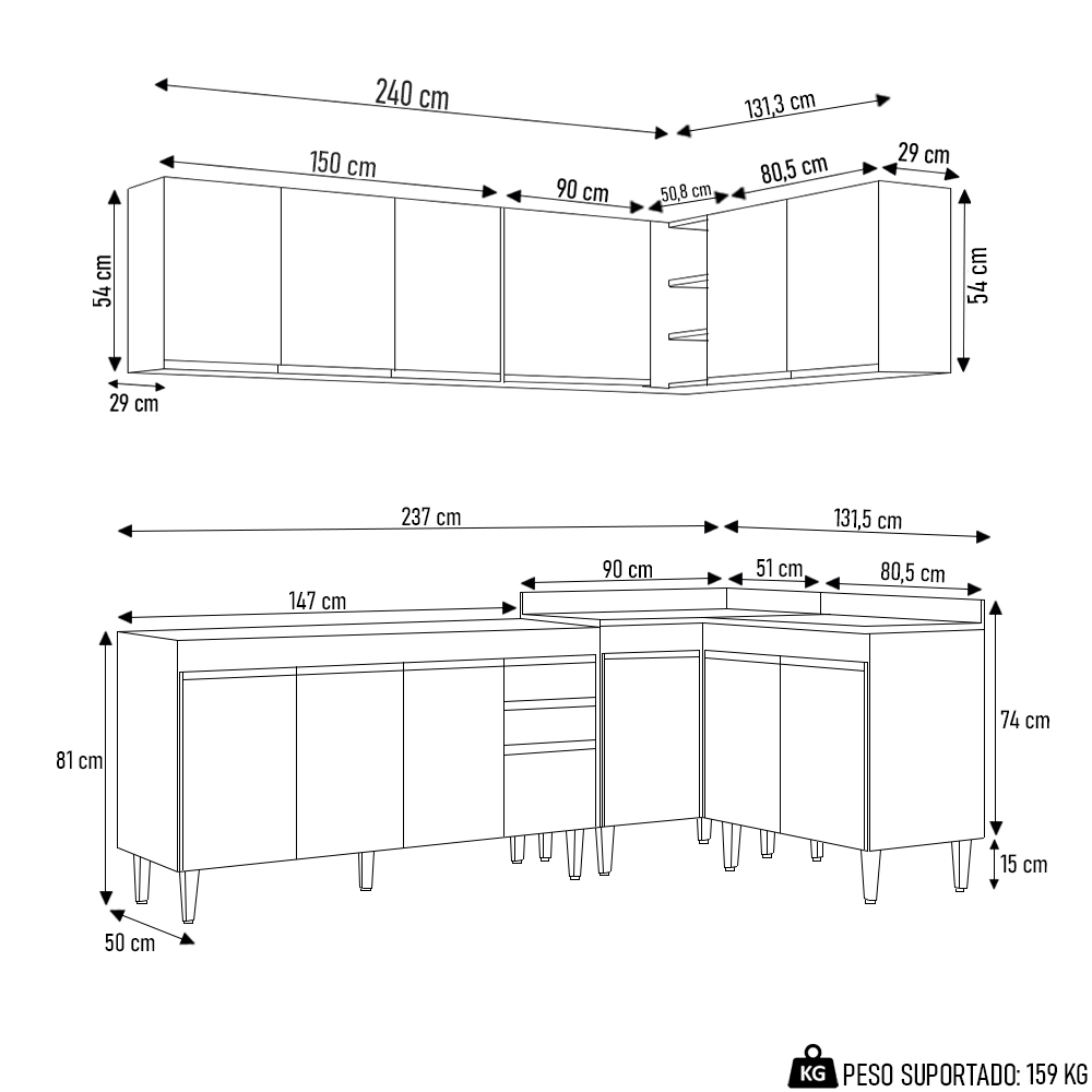 Armário de Cozinha Modulado de Canto 6 Peças CP31 Balcão sem Tampo Preto - Lumil