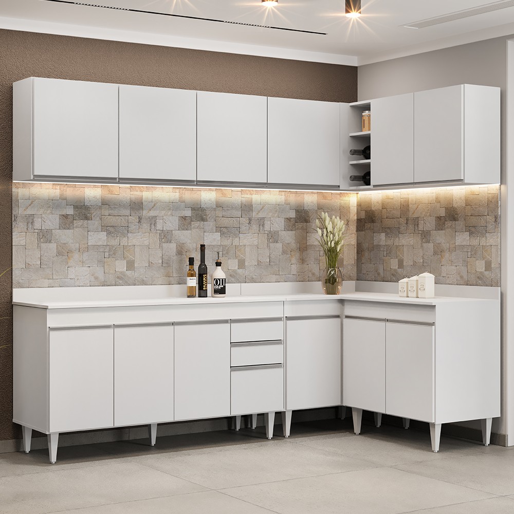 Armário de Cozinha Modulado de Canto 6 Peças CP32 Balcão com Tampo Branco - Lumil