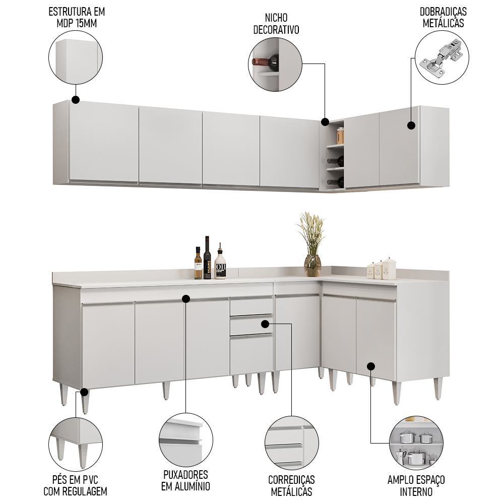 Armário de Cozinha Modulado de Canto 6 Peças CP32 Balcão com Tampo Branco - Lumil