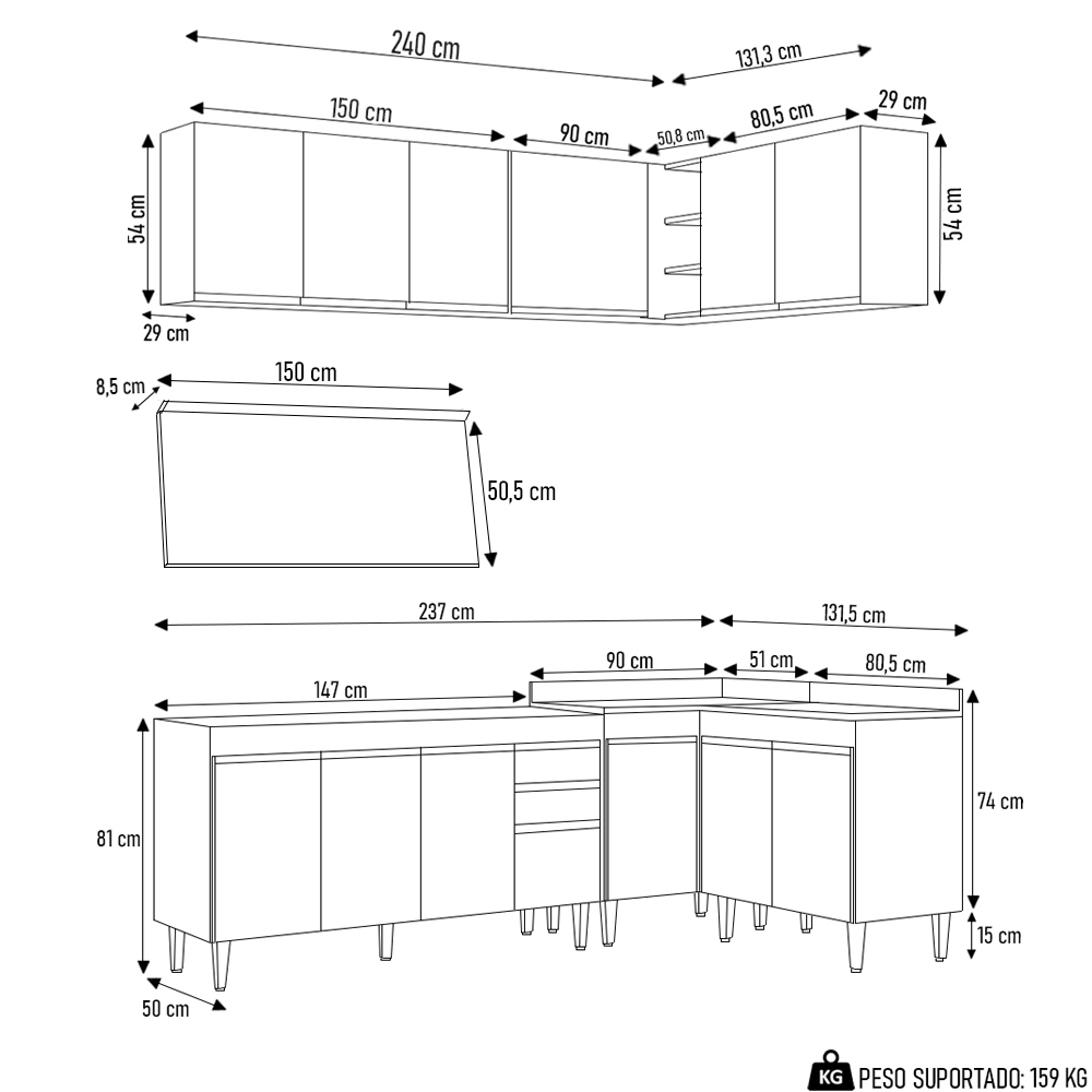 Armário de Cozinha Modulado de Canto 6 Peças CP32 Balcão com Tampo Branco - Lumil