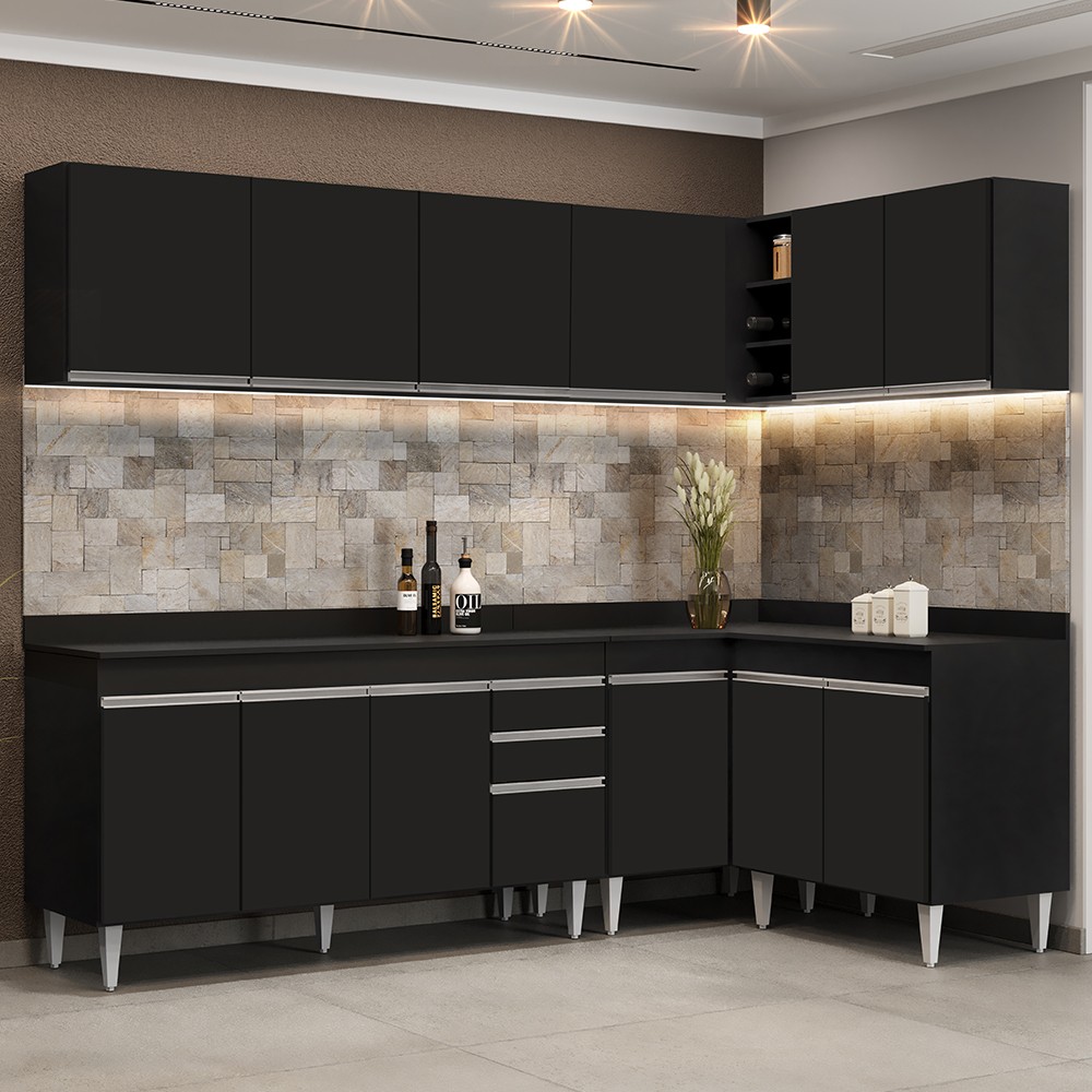 Armário de Cozinha Modulado de Canto 6 Peças CP32 Balcão com Tampo Preto - Lumil