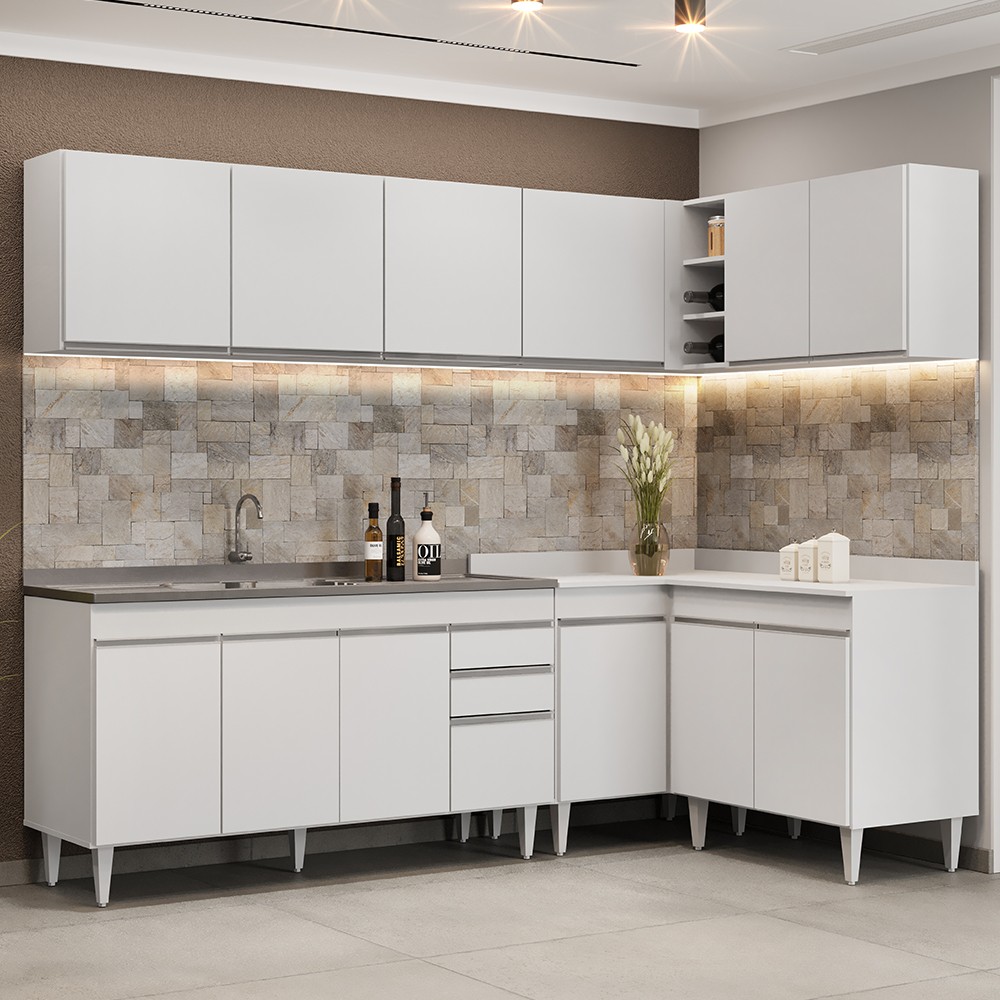 Armário de Cozinha Modulado de Canto 6 Peças CP33 com Pia Inox Branco - Lumil