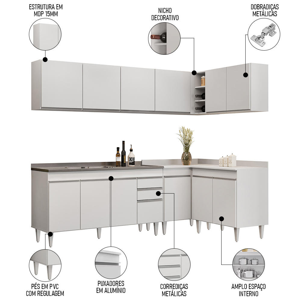 Armário de Cozinha Modulado de Canto 6 Peças CP33 com Pia Inox Branco - Lumil