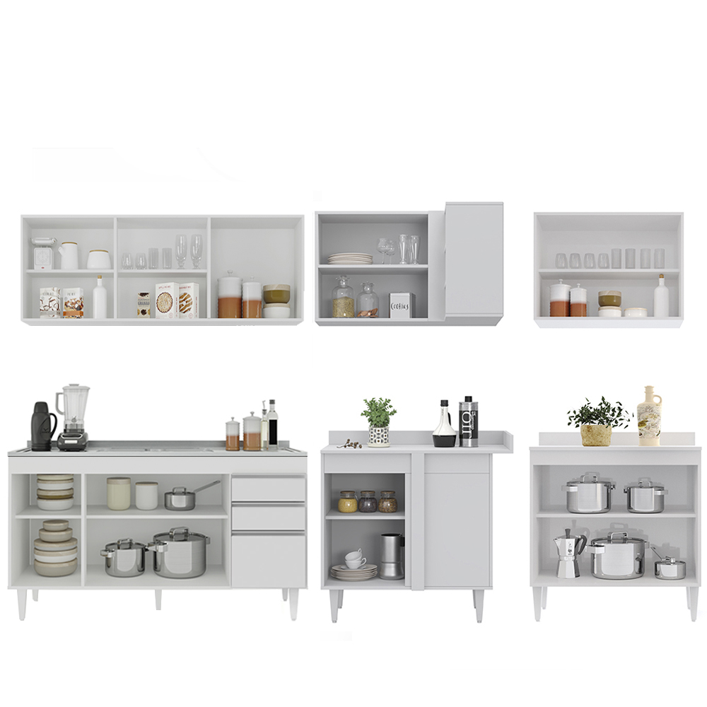 Armário de Cozinha Modulado de Canto 6 Peças CP33 com Pia Inox Branco - Lumil