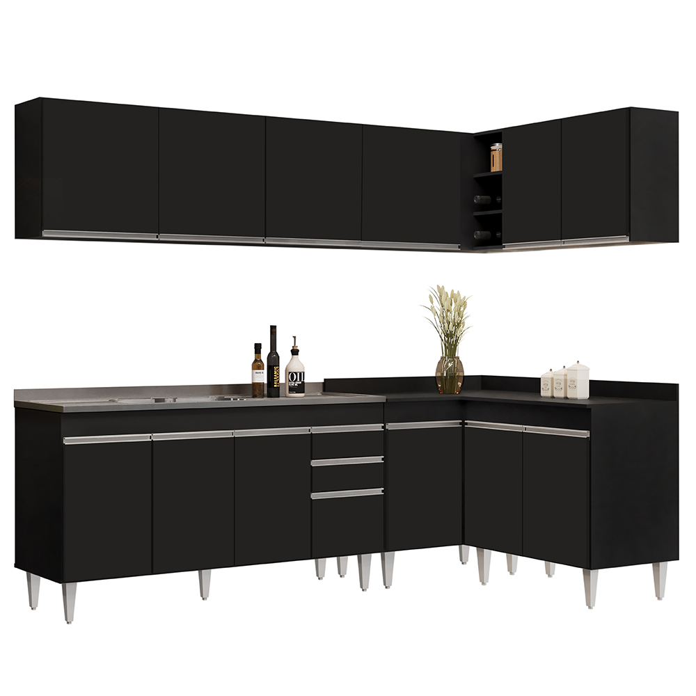 Armário de Cozinha Modulado de Canto 6 Peças CP33 com Pia Inox Preto - Lumil