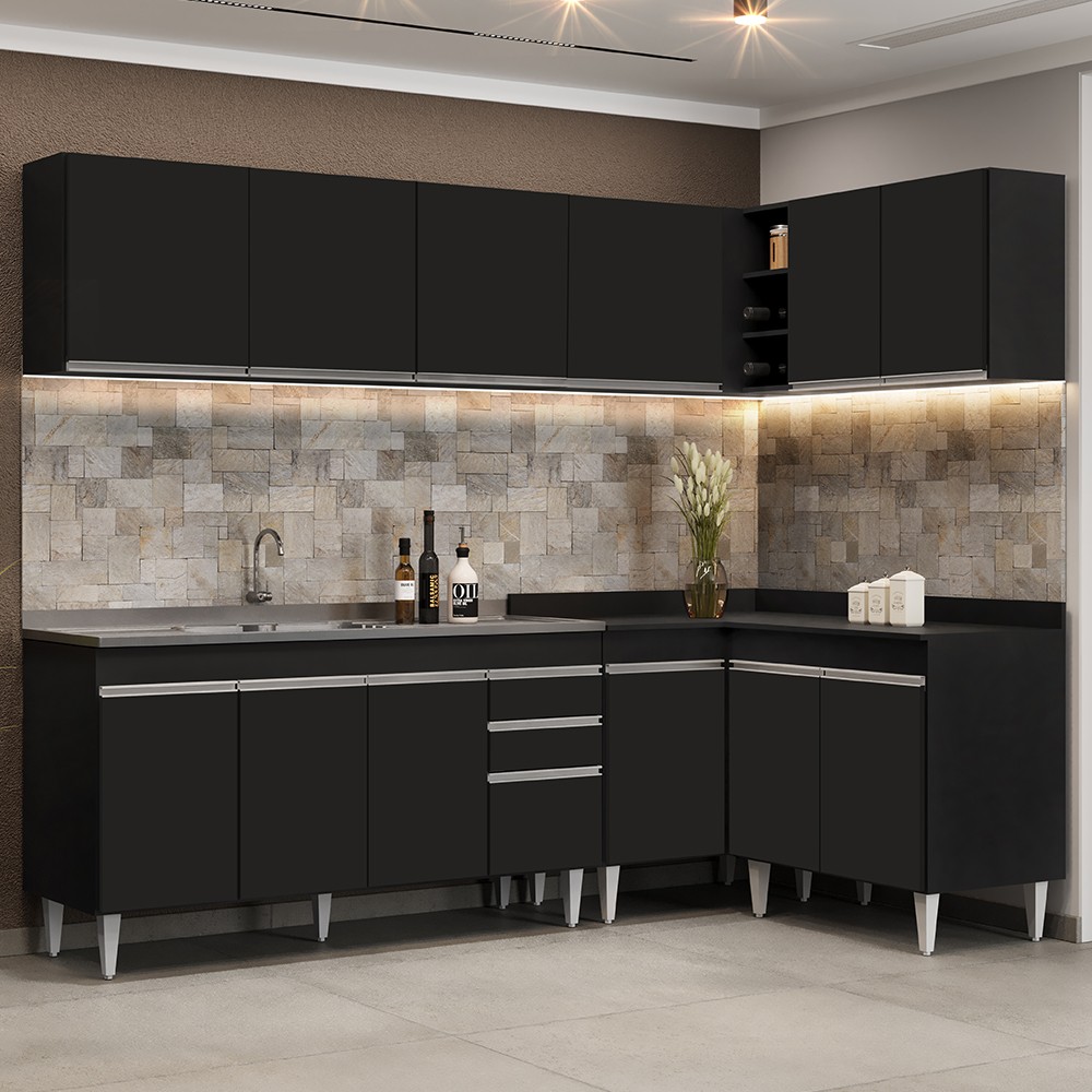 Armário de Cozinha Modulado de Canto 6 Peças CP33 com Pia Inox Preto - Lumil