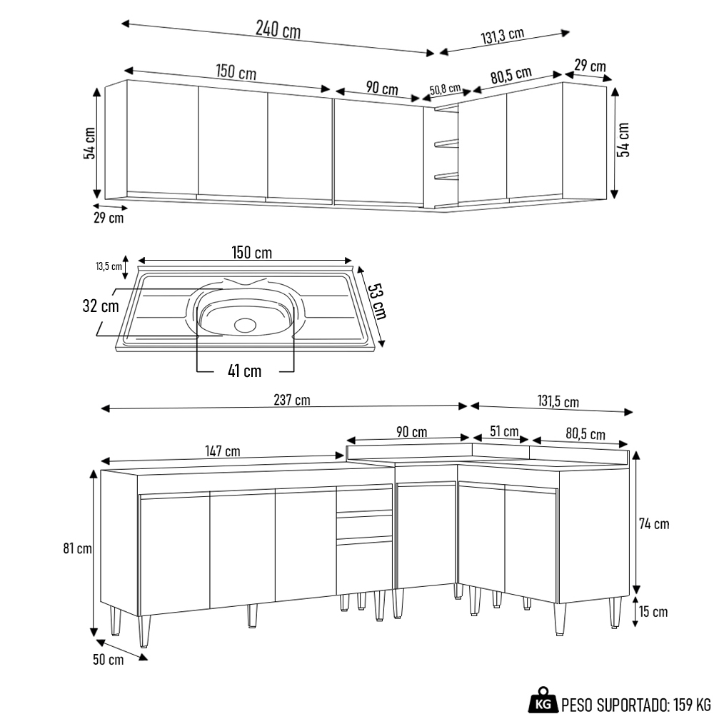 Armário de Cozinha Modulado de Canto 6 Peças CP33 com Pia Inox Preto - Lumil
