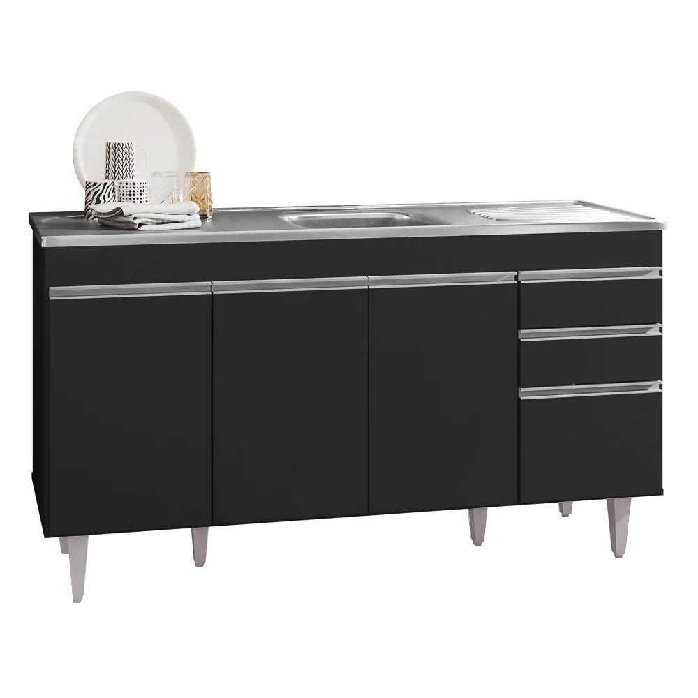 Armário de Cozinha Modulado de Canto 6 Peças CP33 com Pia Inox Preto - Lumil