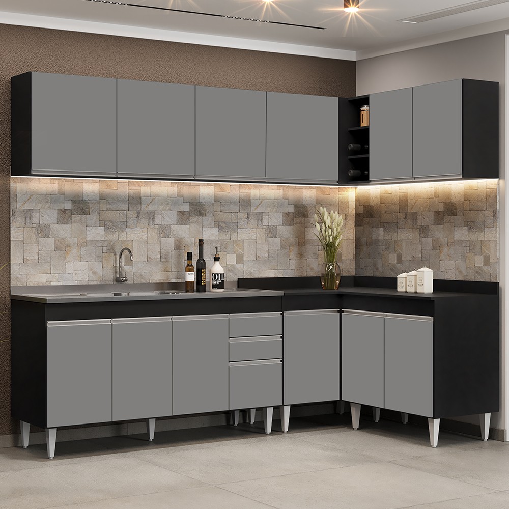 Armário de Cozinha Modulado de Canto 6 Peças CP33 com Pia Inox Preto/Cinza - Lumil
